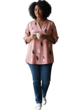 Loness Curve Pink Feather Print V Neck Blouse Tunic Top Womens 3XL